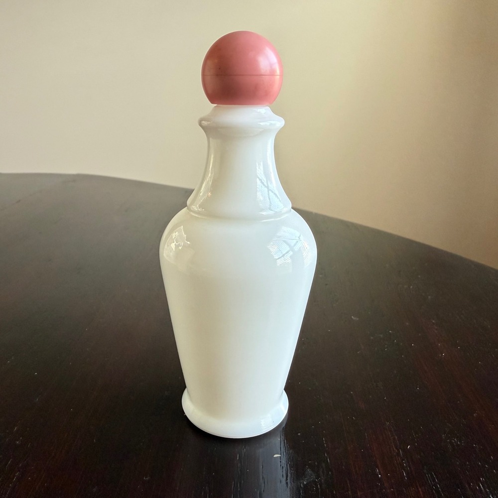 Vintage Milk Glass Perfume Bottle Avon Pink Ball Stopper‎ Vanity Decor 1970s